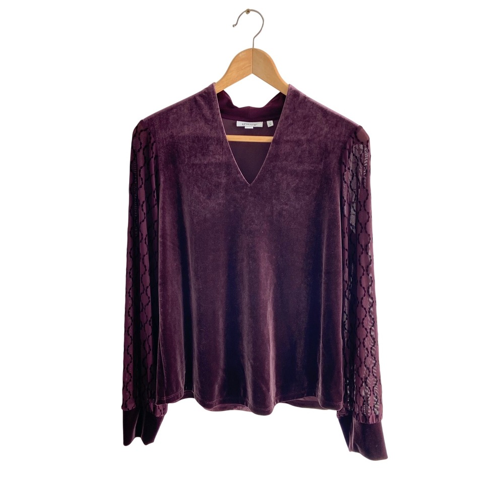 Chicos Velvet V-Neck Top Plum Purple Sheer Mesh Lattice Sleeve Blouse Womens M 1